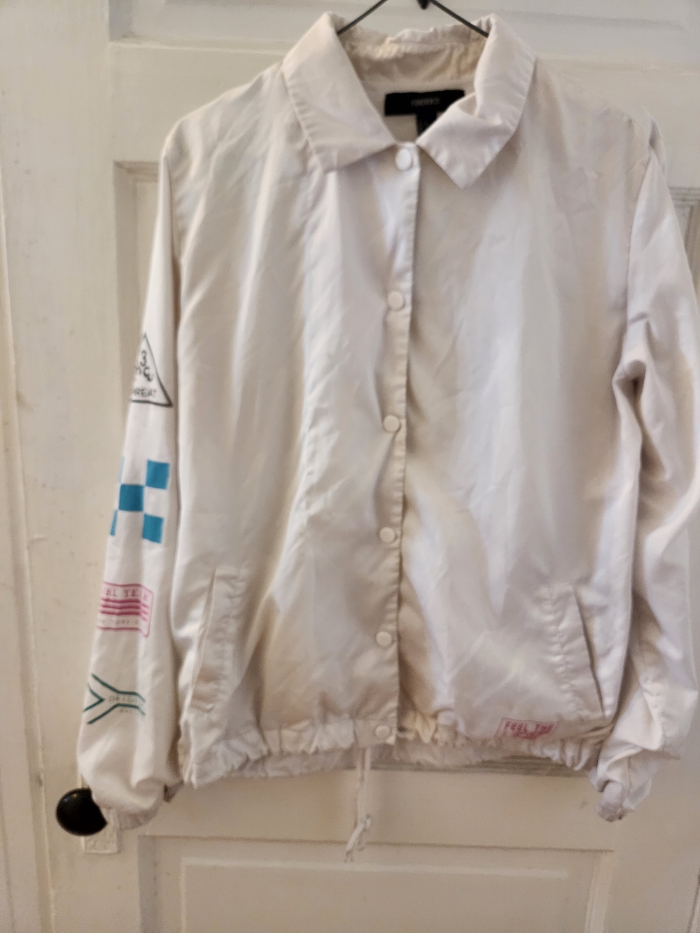 Forever 21 White Coach-Style Bomber Jacket with Sleeve Graphics